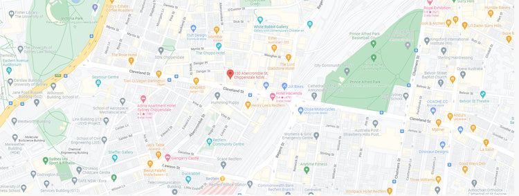Detailed map view showing various locations and landmarks in an urban area with roads and parks highlighted.